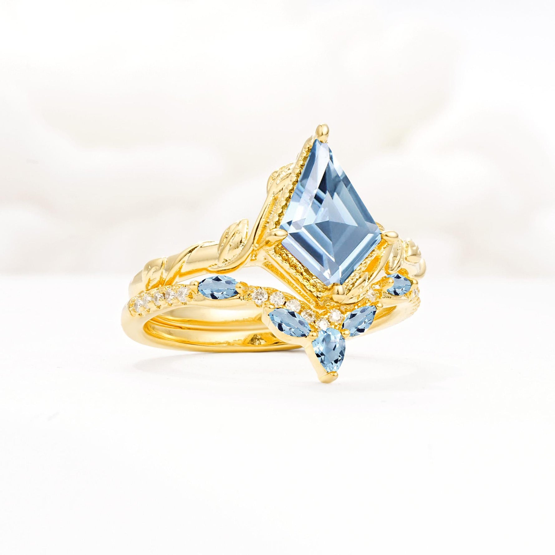 Nature-Inspired Kite Cut Aquamarine Bridal Set with Leaf Accents - Rose-Gold