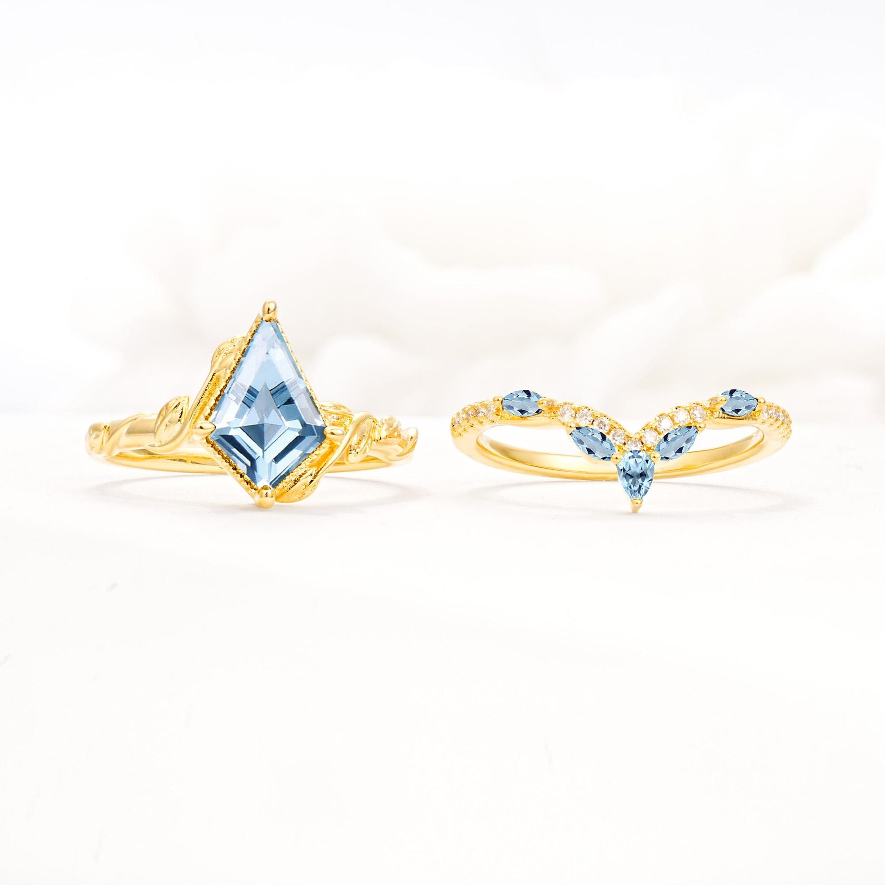 Nature-Inspired Kite Cut Aquamarine Bridal Set with Leaf Accents - White-Gold
