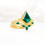Nature-Inspired Kite Cut Emerald Bridal Set with Leaf Accents - Rose-Gold