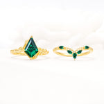 Nature-Inspired Kite Cut Emerald Bridal Set with Leaf Accents - White-Gold