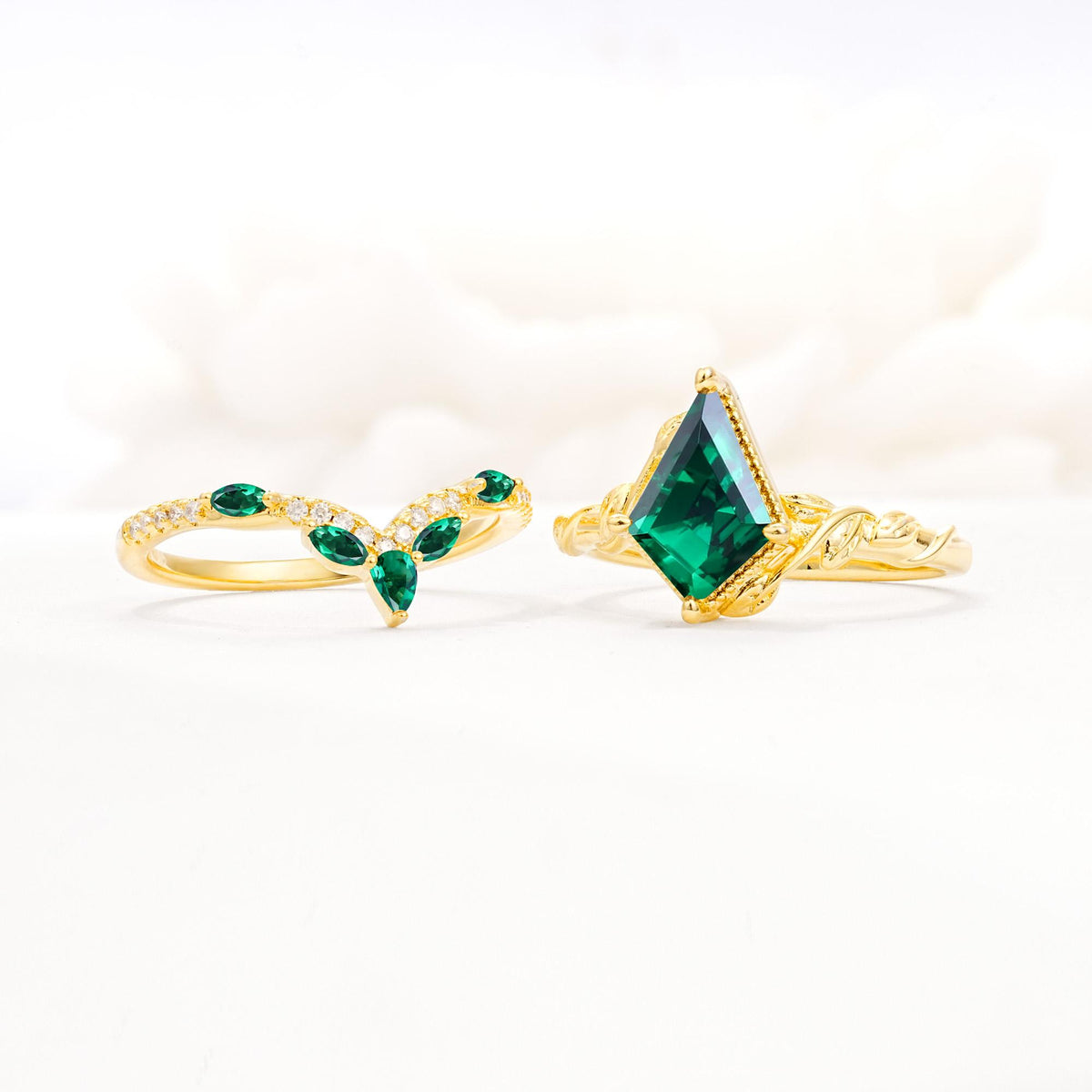 Nature-Inspired Kite Cut Emerald Bridal Set with Leaf Accents - Additional view