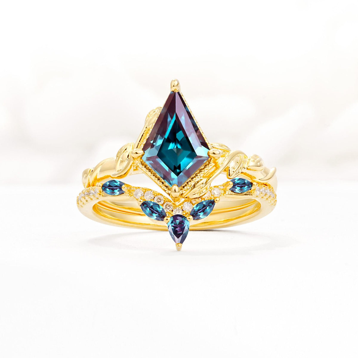 Nature-Inspired Kite Cut Alexandrite Bridal Set with Leaf Accents - Yellow-Gold