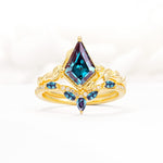 Nature-Inspired Kite Cut Alexandrite Bridal Set with Leaf Accents - Yellow-Gold