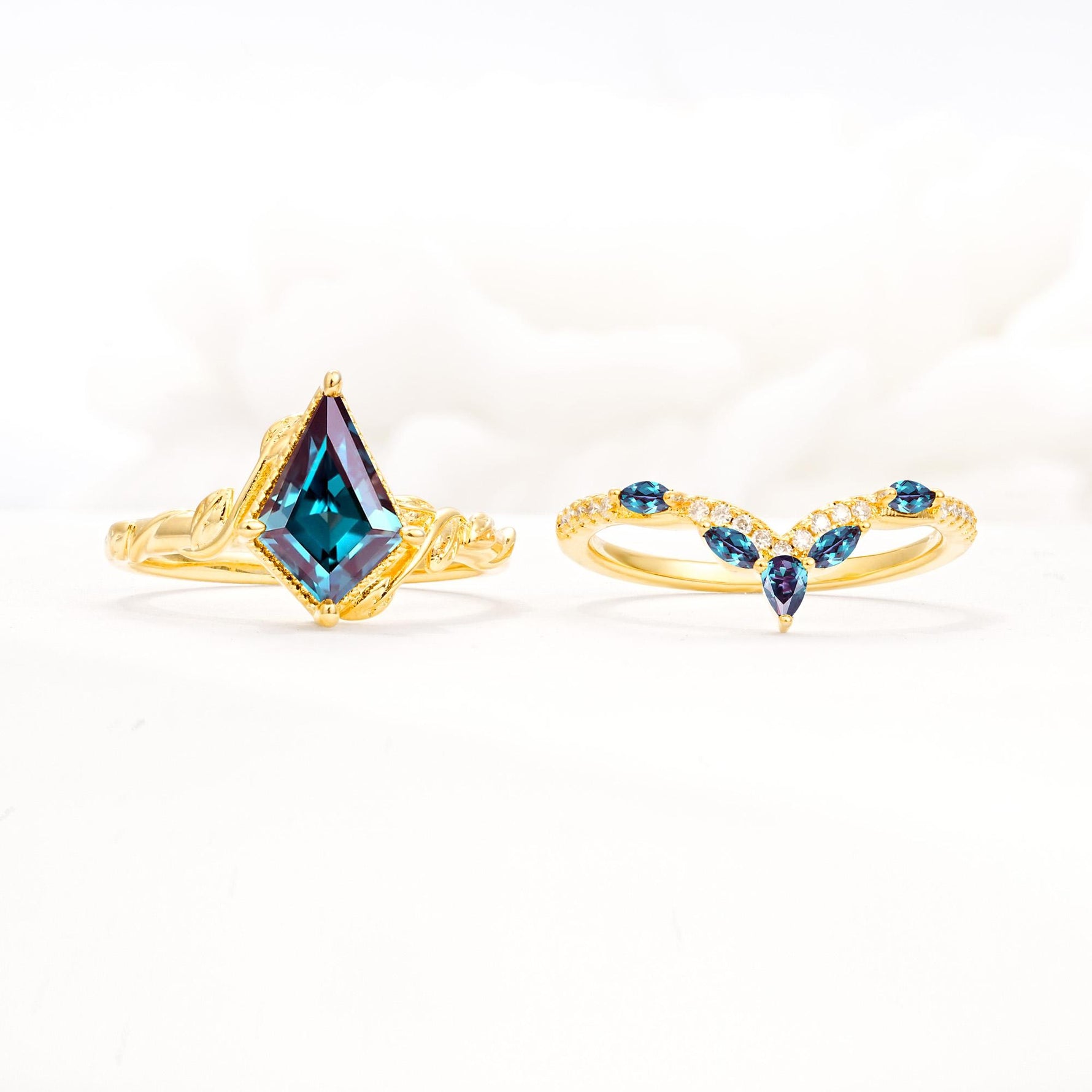 Nature-Inspired Kite Cut Alexandrite Bridal Set with Leaf Accents - White-Gold