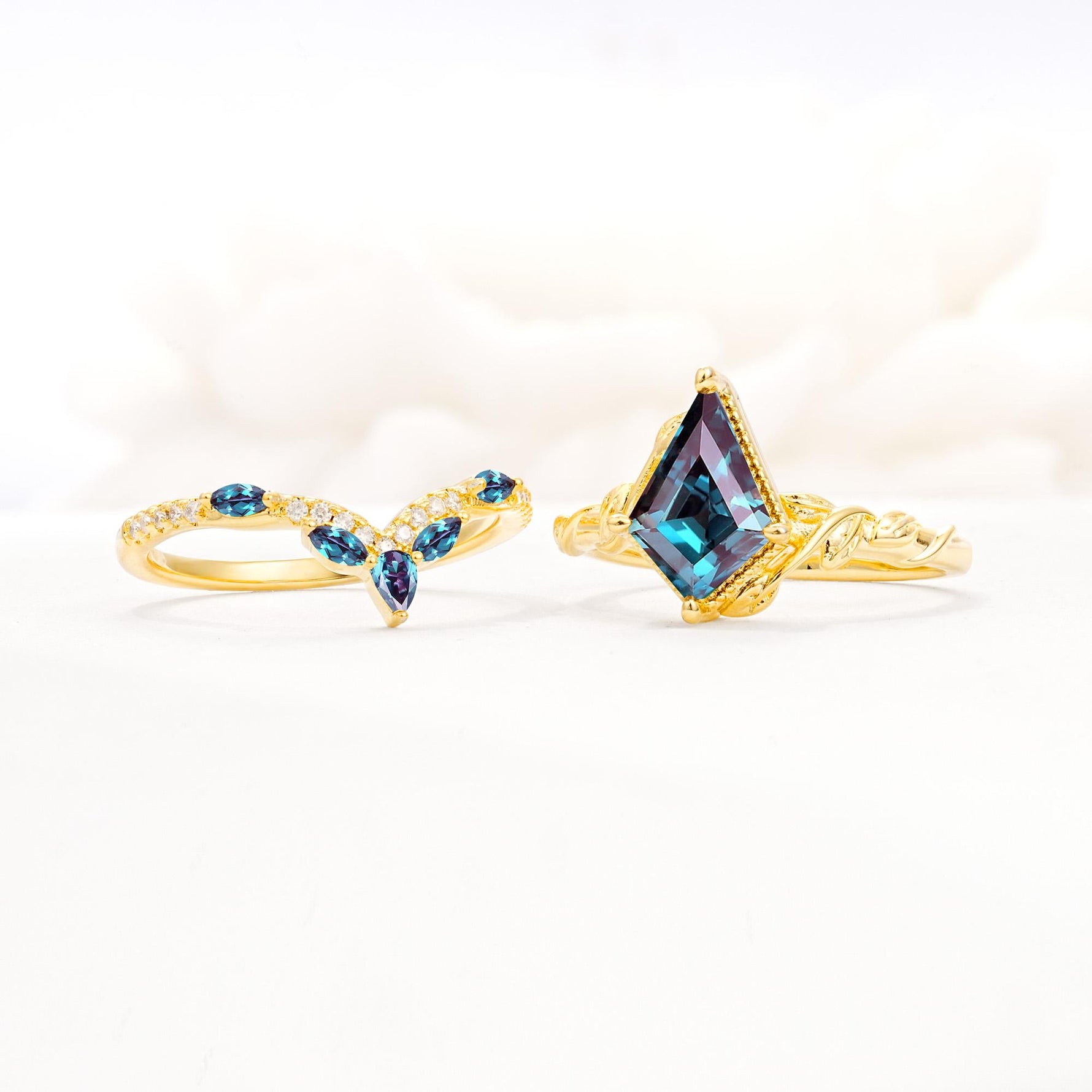 Nature-Inspired Kite Cut Alexandrite Bridal Set with Leaf Accents - Additional view