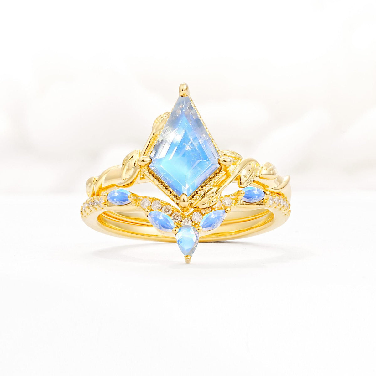 Nature-Inspired Kite Cut Moonstone Bridal Set with Leaf Accents - Yellow-Gold
