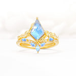 Nature-Inspired Kite Cut Moonstone Bridal Set with Leaf Accents - Yellow-Gold