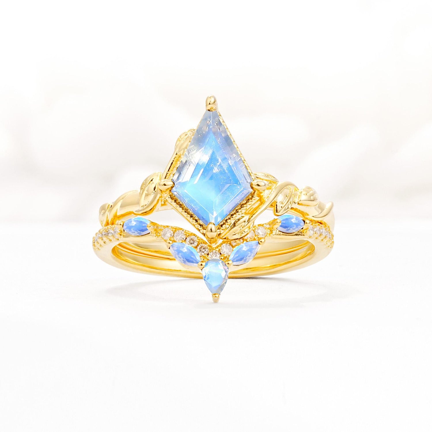Nature-Inspired Kite Cut Moonstone Bridal Set with Leaf Accents - Yellow-Gold