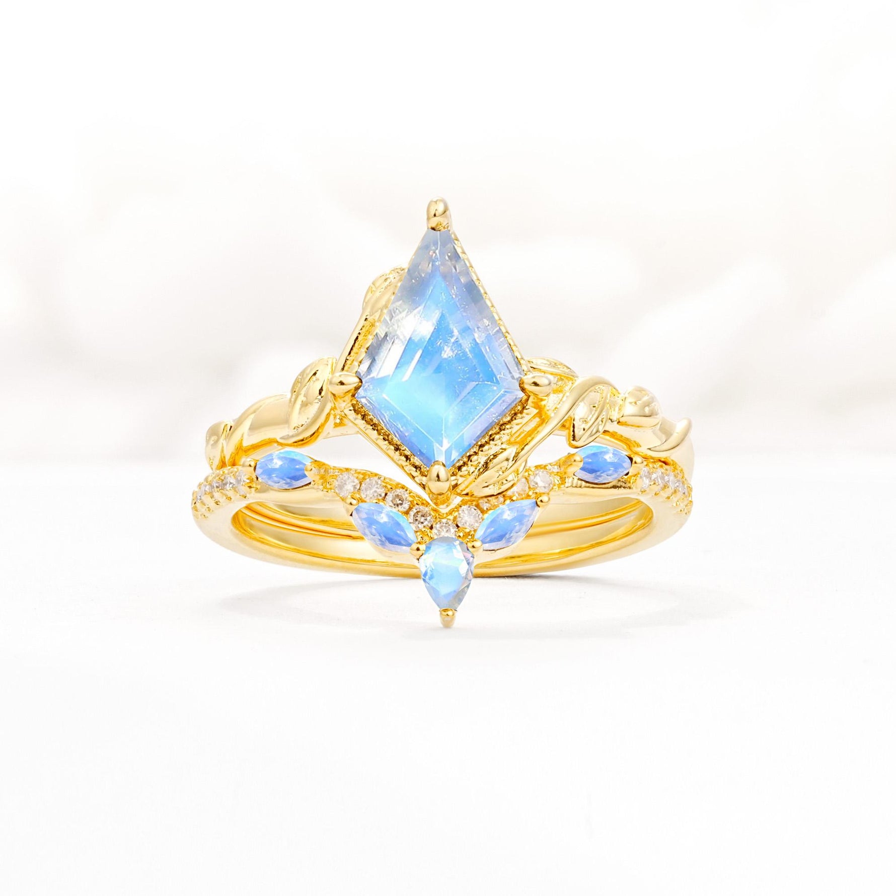 Nature-Inspired Kite Cut Moonstone Bridal Set with Leaf Accents - Yellow-Gold