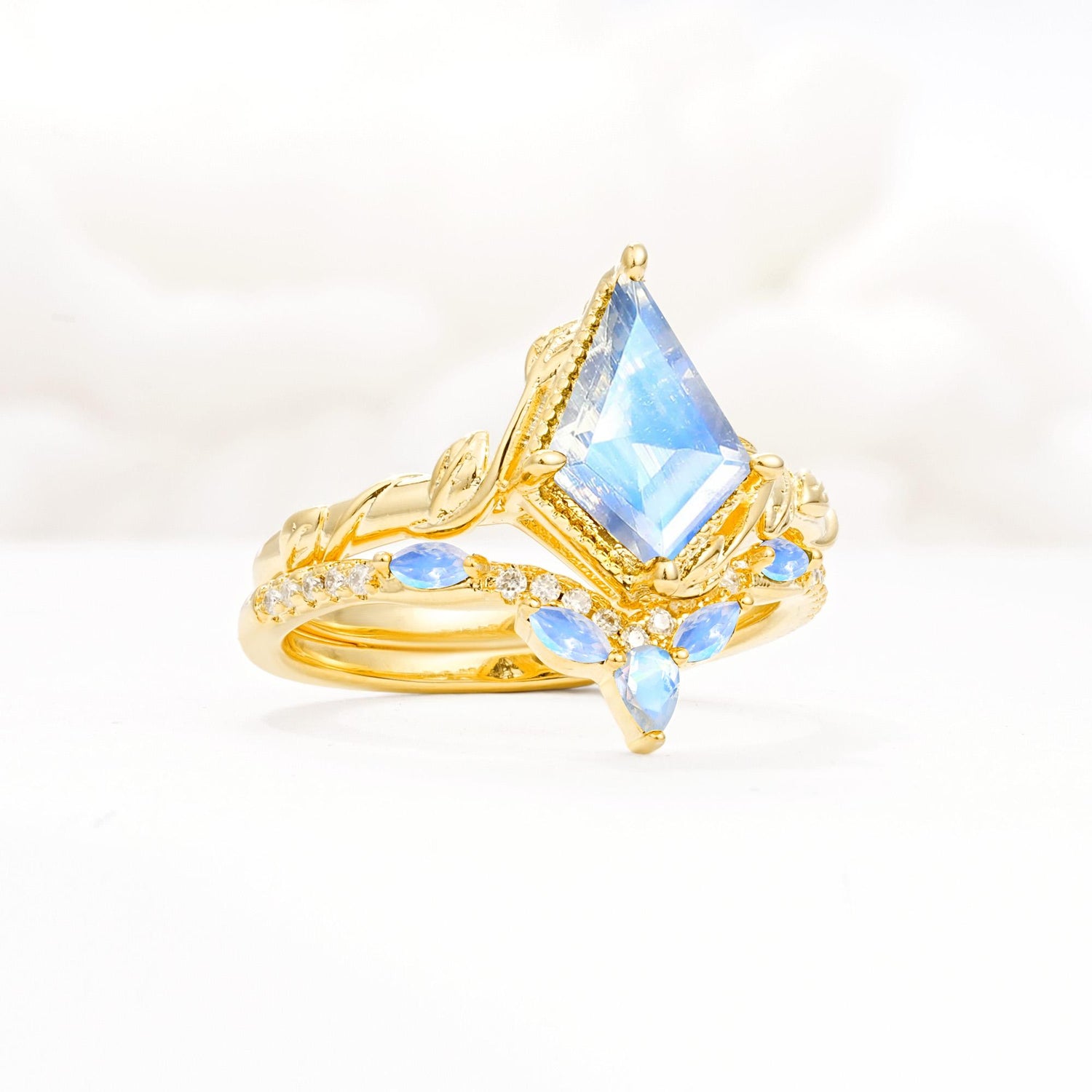 Nature-Inspired Kite Cut Moonstone Bridal Set with Leaf Accents - Rose-Gold