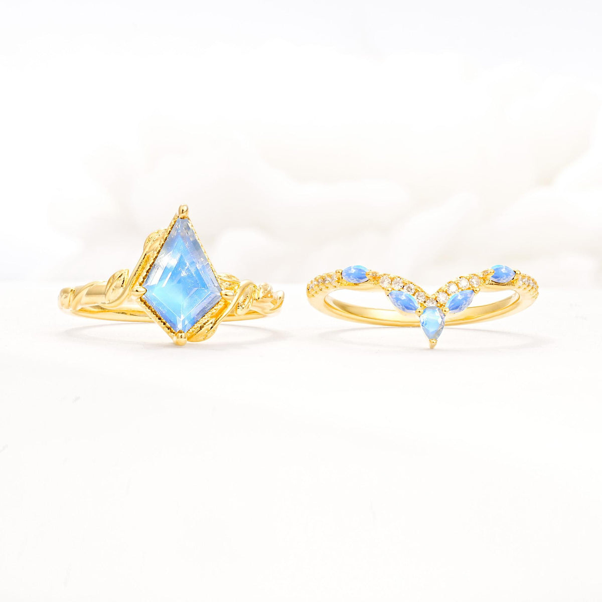 Nature-Inspired Kite Cut Moonstone Bridal Set with Leaf Accents - White-Gold