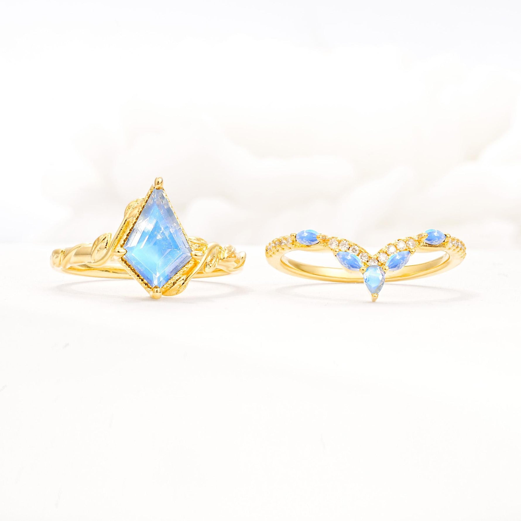 Nature-Inspired Kite Cut Moonstone Bridal Set with Leaf Accents - White-Gold