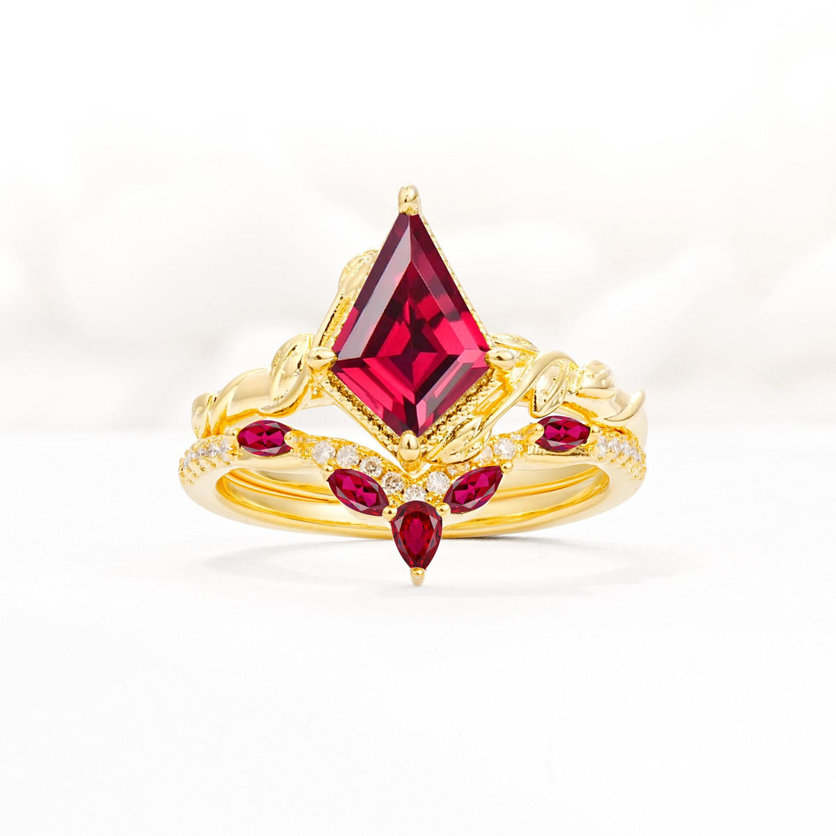 Nature-Inspired Kite Cut Ruby Bridal Set with Leaf Accents - Yellow-Gold