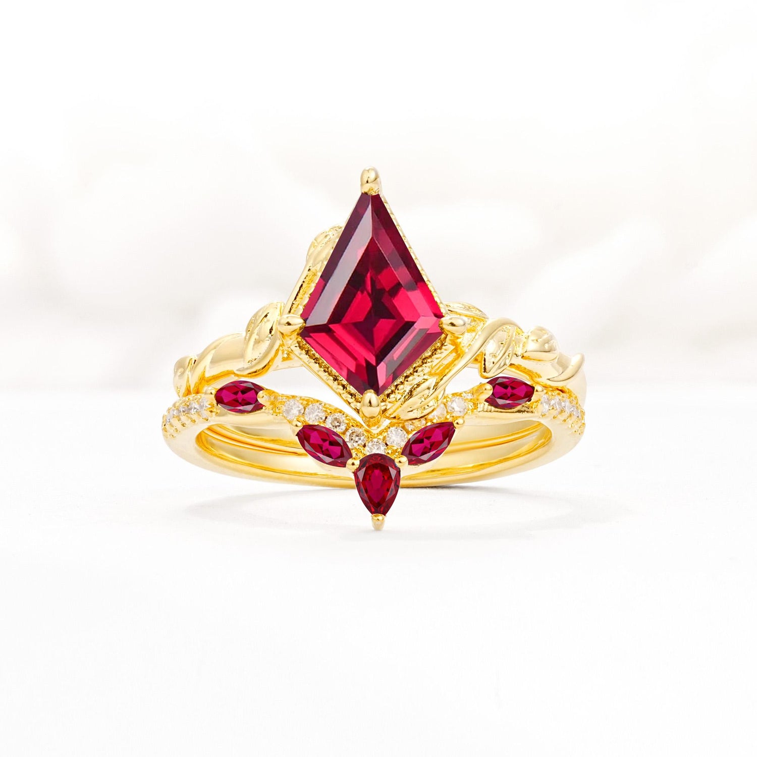 Nature-Inspired Kite Cut Ruby Bridal Set with Leaf Accents - Yellow-Gold