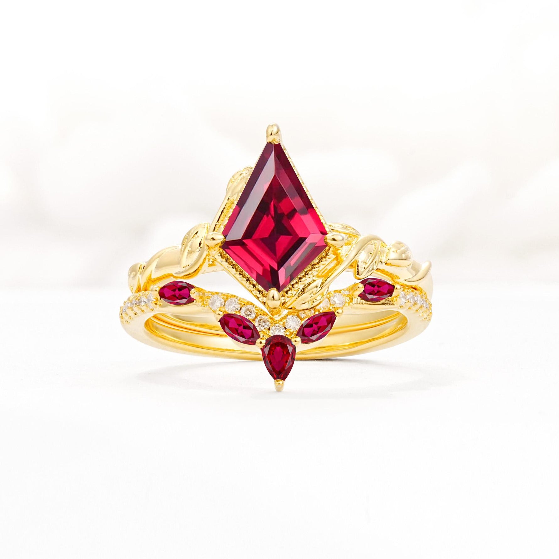Nature-Inspired Kite Cut Ruby Bridal Set with Leaf Accents - Yellow-Gold