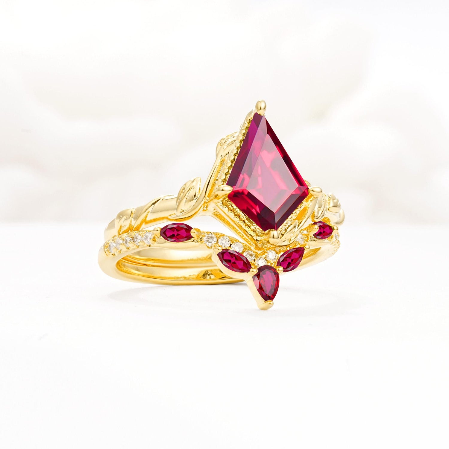 Nature-Inspired Kite Cut Ruby Bridal Set with Leaf Accents - Rose-Gold