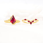 Nature-Inspired Kite Cut Ruby Bridal Set with Leaf Accents - White-Gold