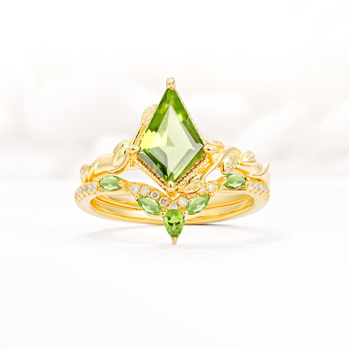 Nature-Inspired Kite Cut Peridot Bridal Set with Leaf Accents - Yellow-Gold
