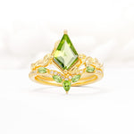 Nature-Inspired Kite Cut Peridot Bridal Set with Leaf Accents - Yellow-Gold