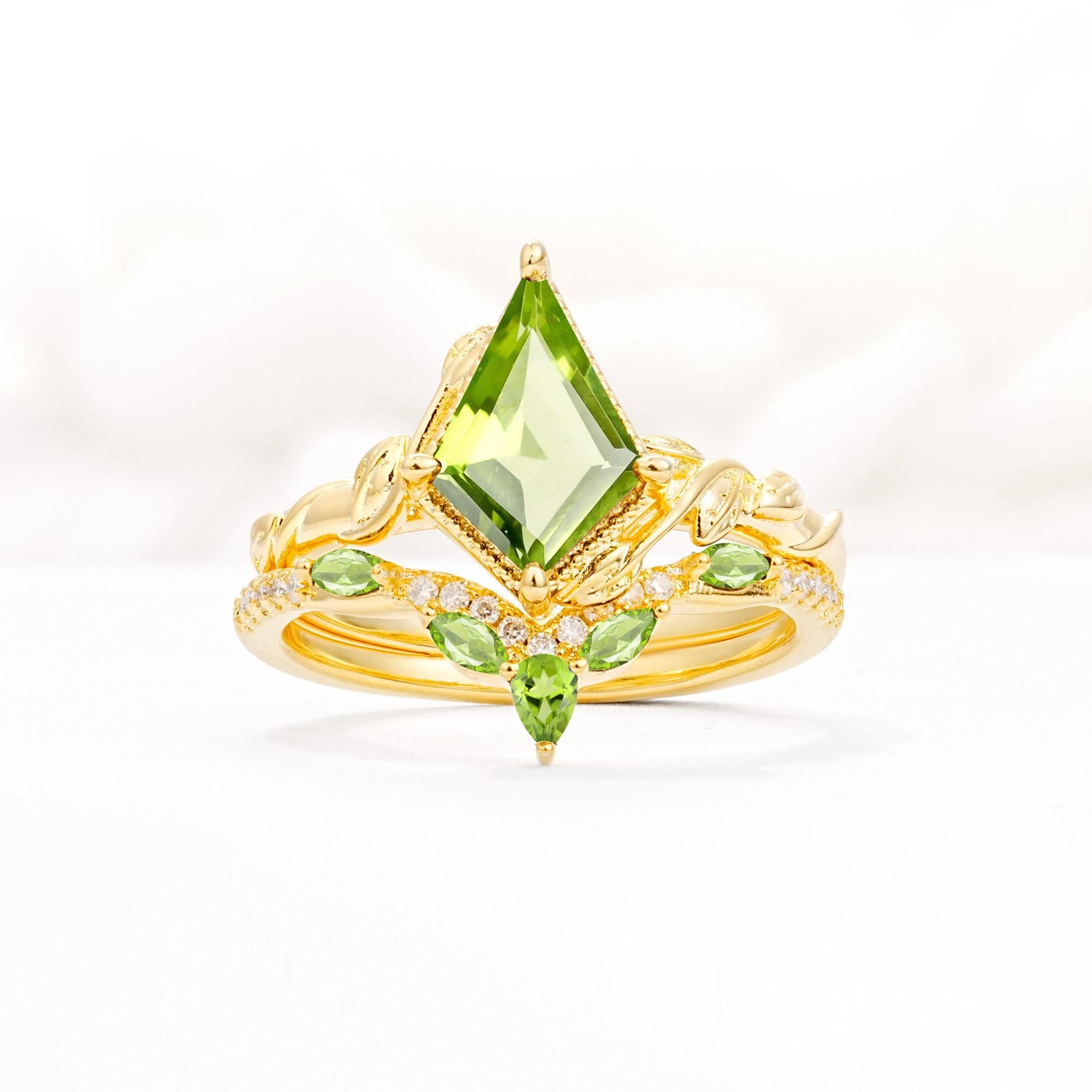 Nature-Inspired Kite Cut Peridot Bridal Set with Leaf Accents - Yellow-Gold