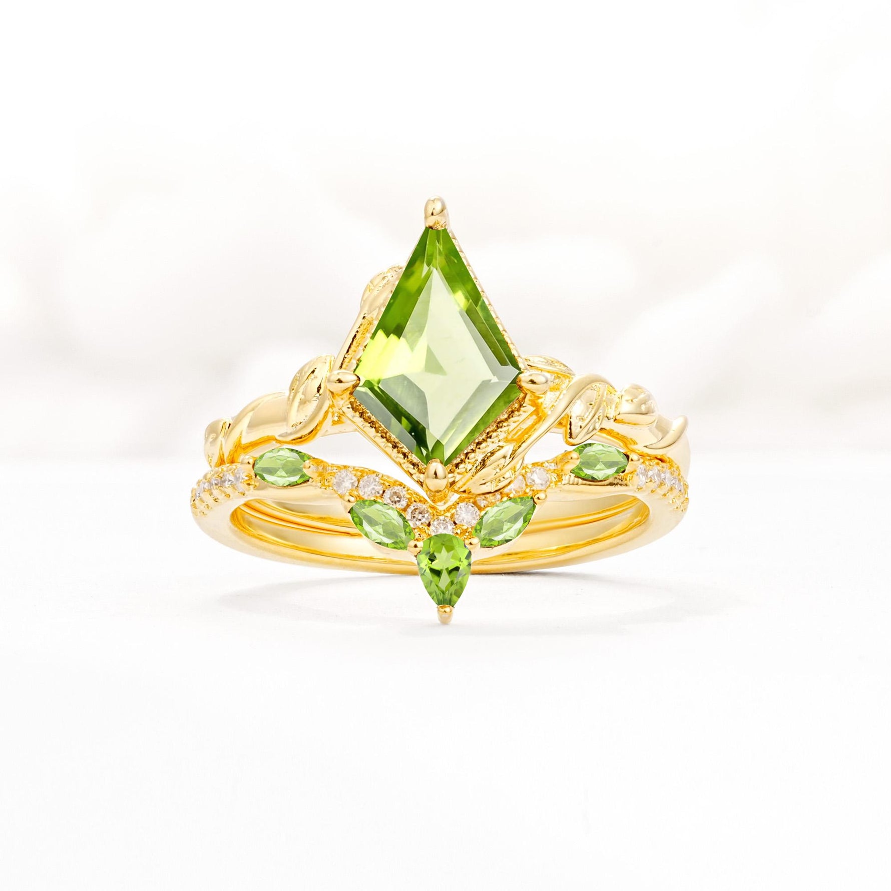 Nature-Inspired Kite Cut Peridot Bridal Set with Leaf Accents - Yellow-Gold