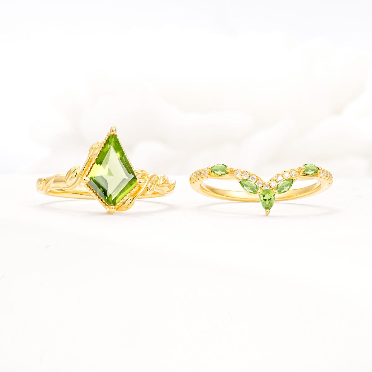 Nature-Inspired Kite Cut Peridot Bridal Set with Leaf Accents - White-Gold