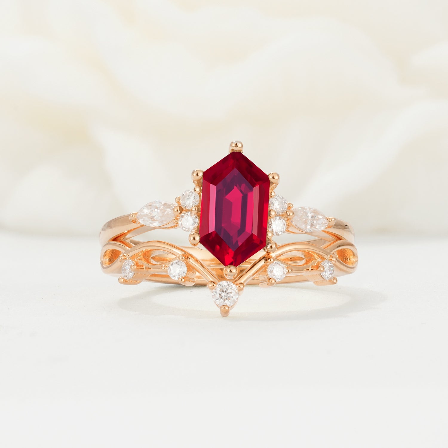 Elegant Long Hexagonal Cut Twisted Vine Ruby Engagement Ring
