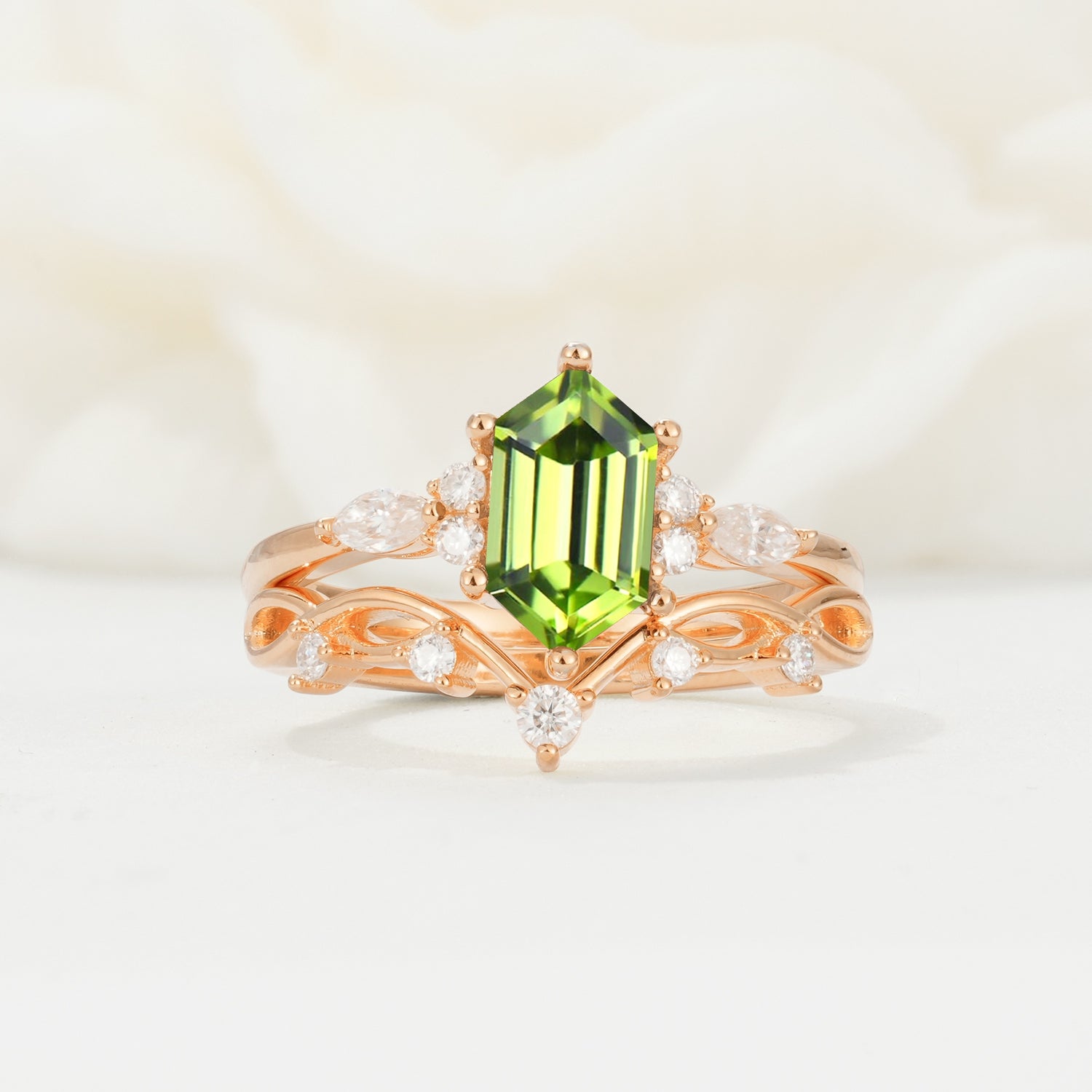 Elegant Long Hexagonal Cut Twisted Vine Peridot Engagement Ring