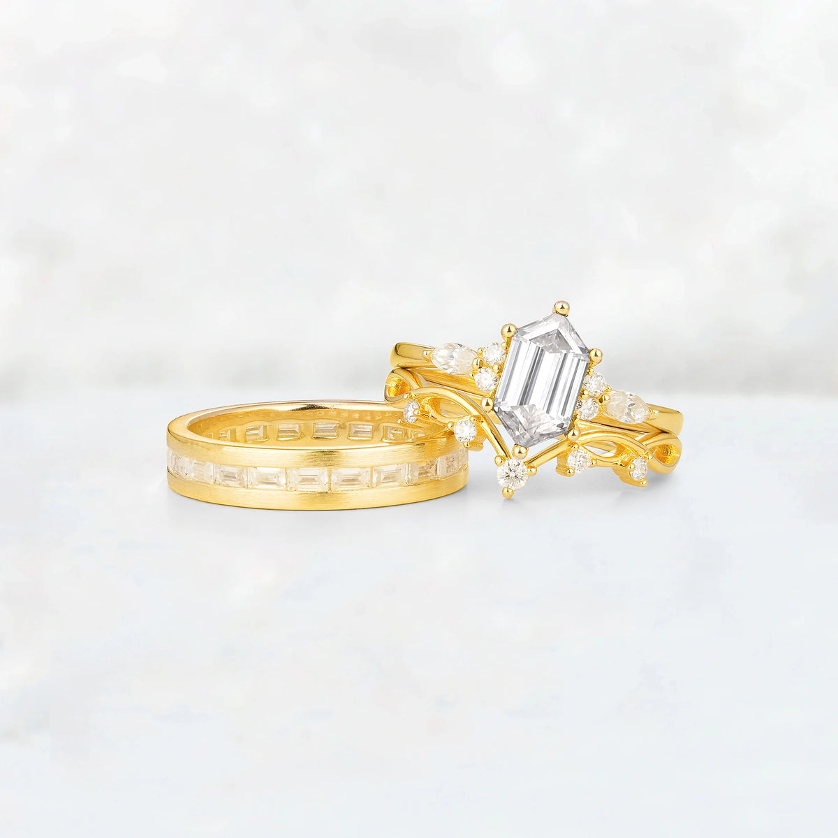 Elongated Hexagon Moissanite Vine & Baguette His and Hers Couple Ring