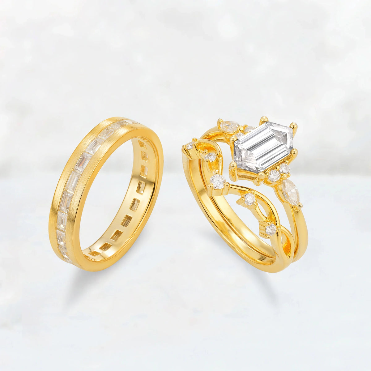Elongated Hexagon Moissanite Vine & Baguette His and Hers Couple Ring