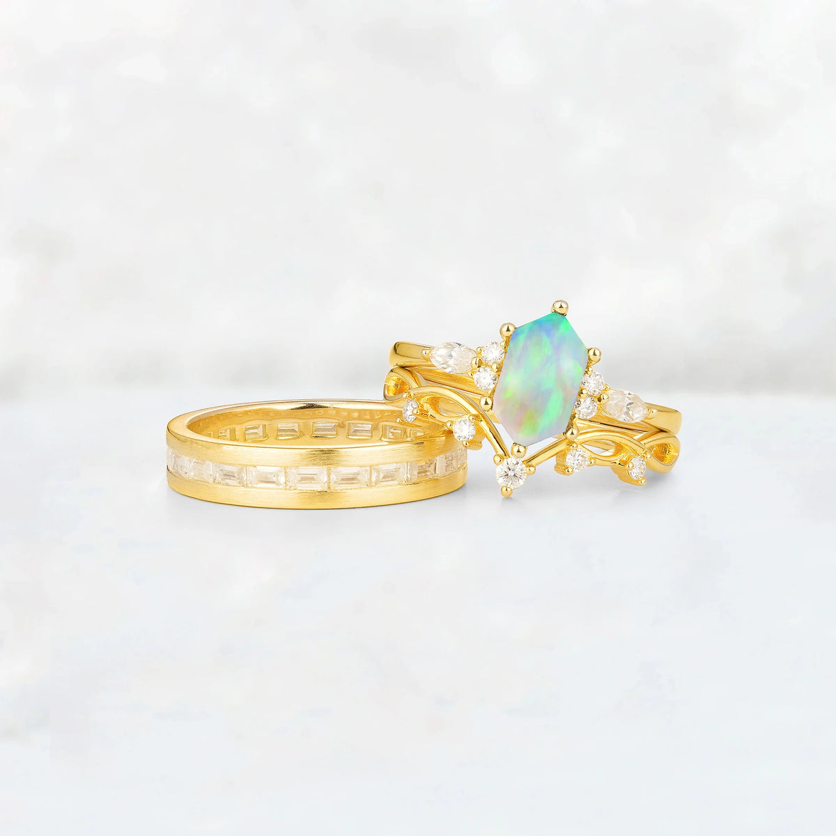Elongated Hexagon Opal Vine & Baguette His and Hers Couple Ring