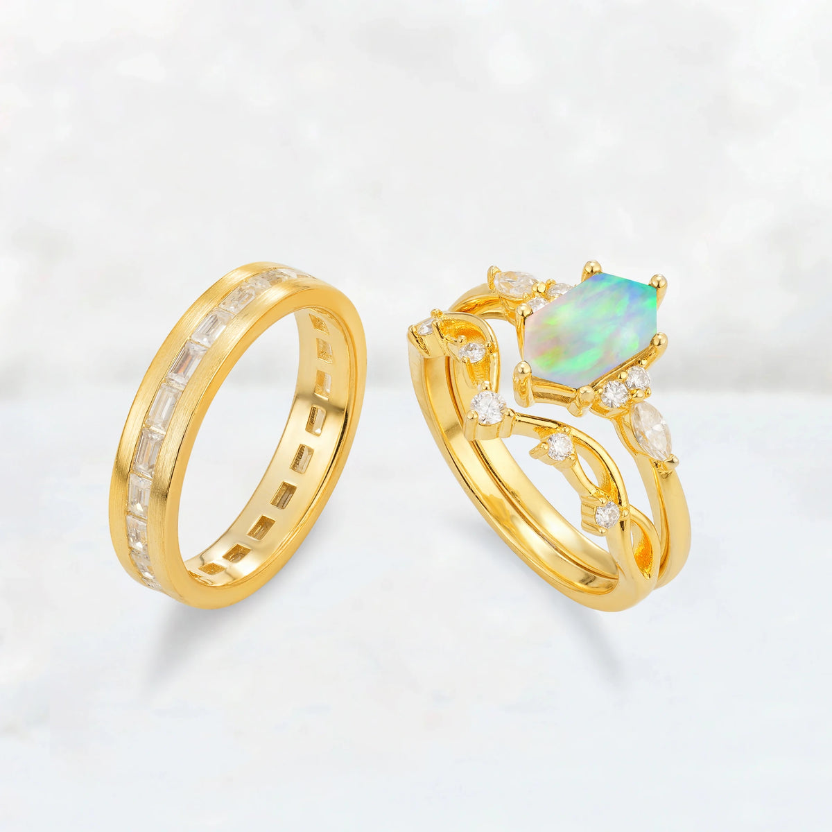 Elongated Hexagon Opal Vine & Baguette His and Hers Couple Ring