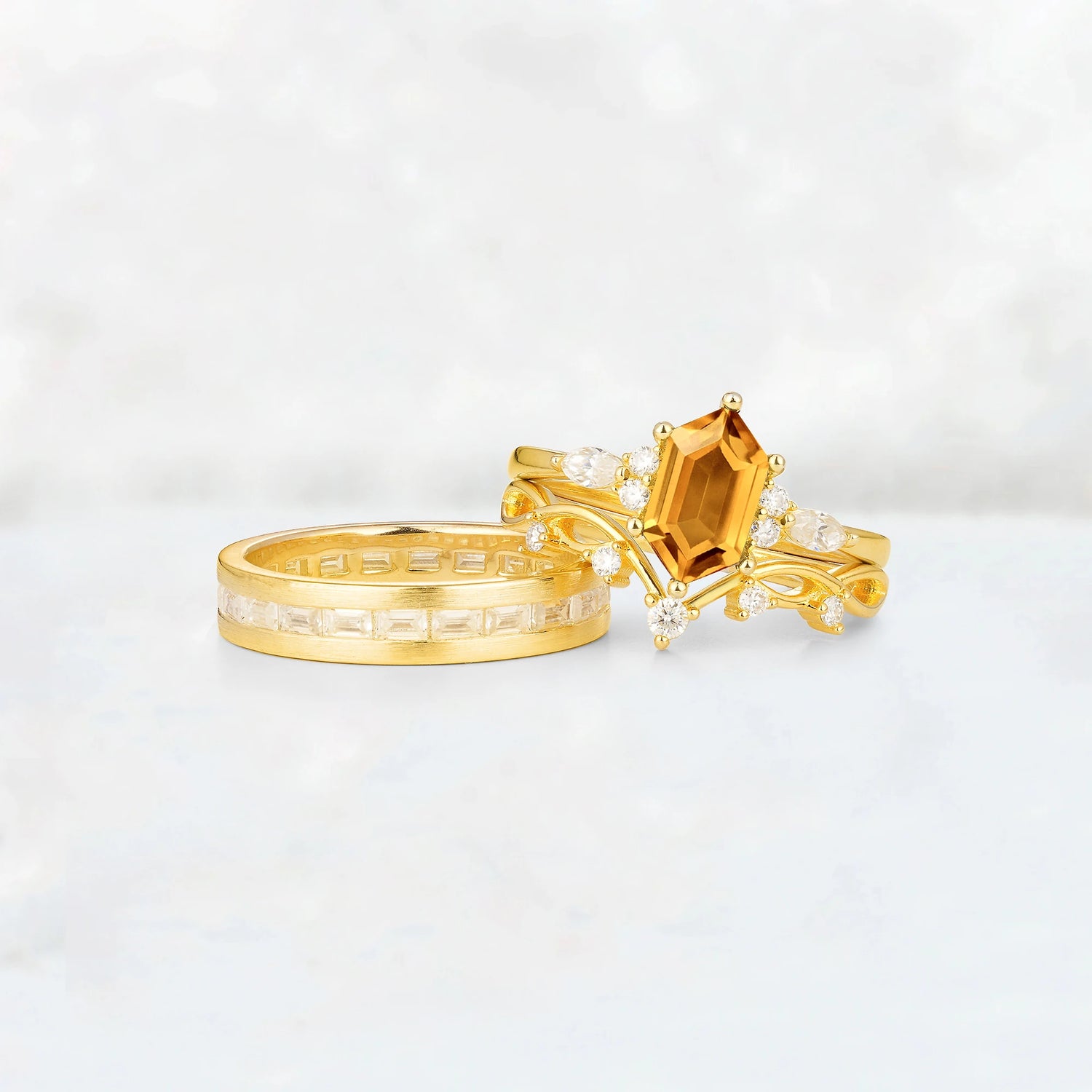 Elongated Hexagon Citrine Vine & Baguette His and Hers Couple Ring
