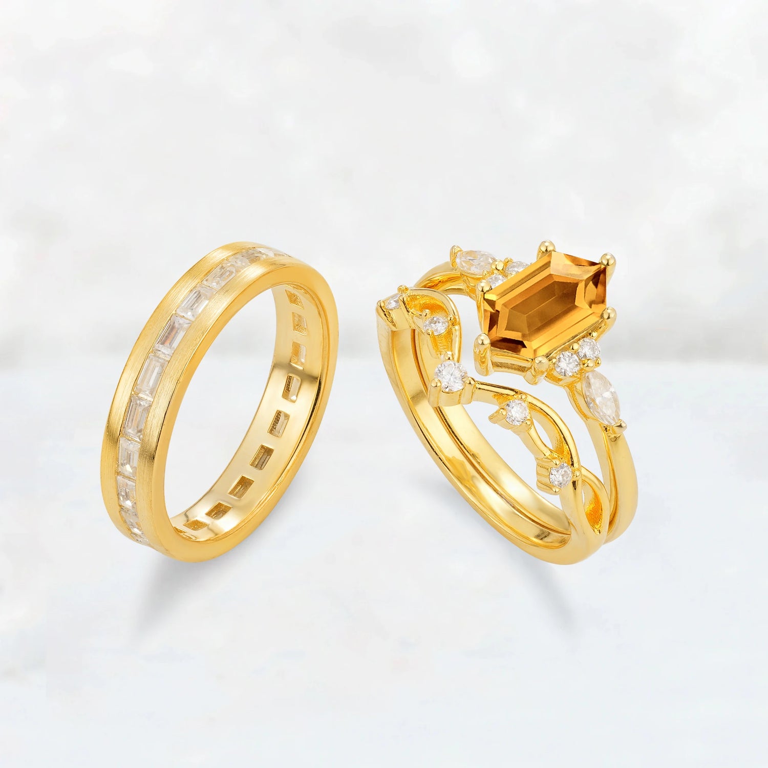 Elongated Hexagon Citrine Vine & Baguette His and Hers Couple Ring