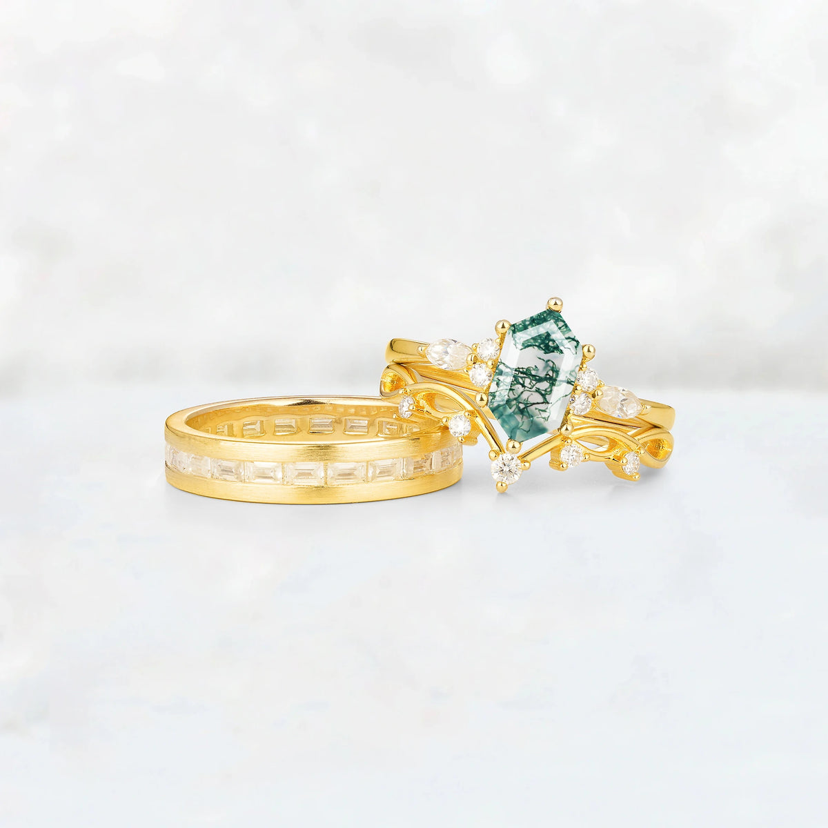 Elongated Hexagon Moss Agate Vine & Baguette His and Hers Couple Ring