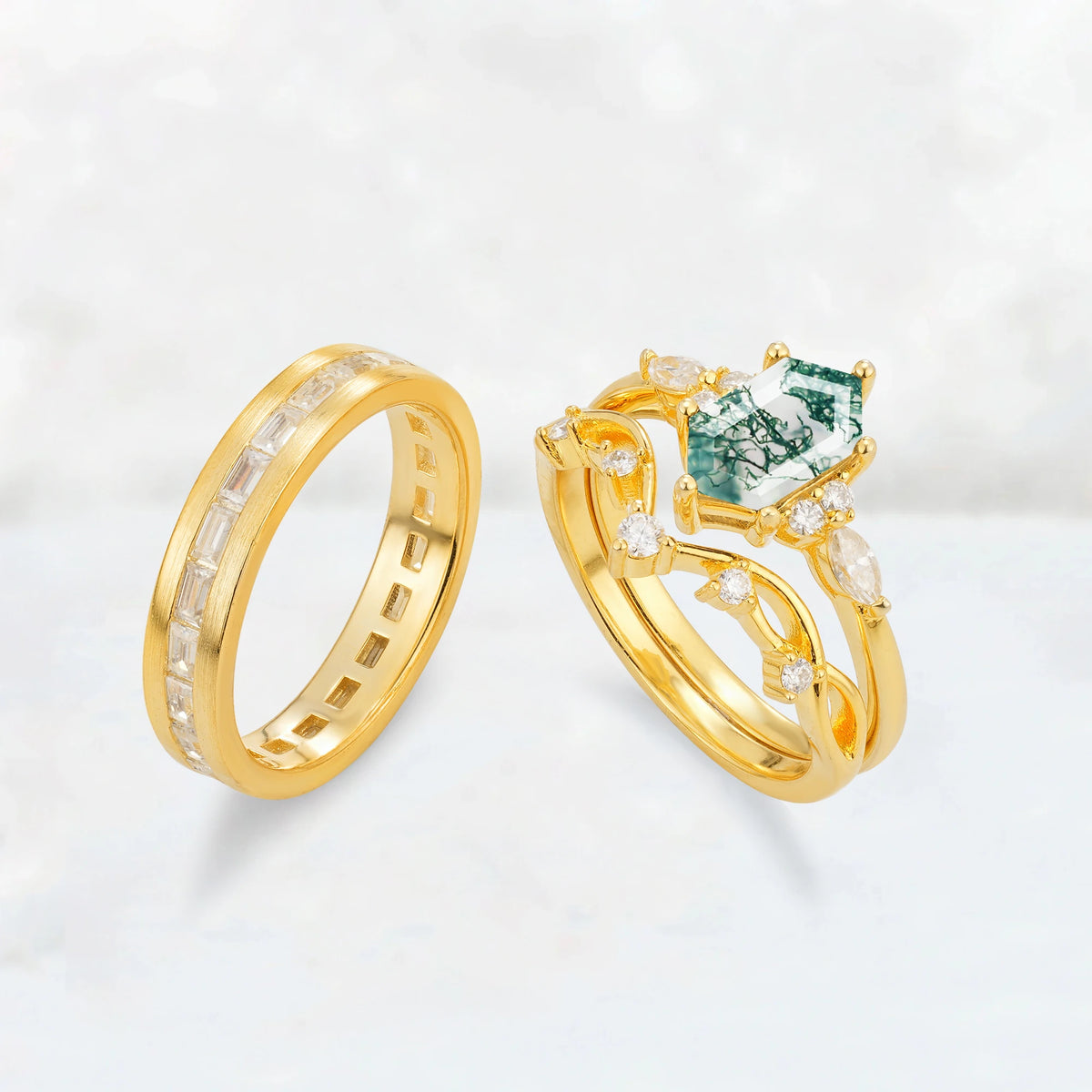 Elongated Hexagon Moss Agate Vine & Baguette His and Hers Couple Ring