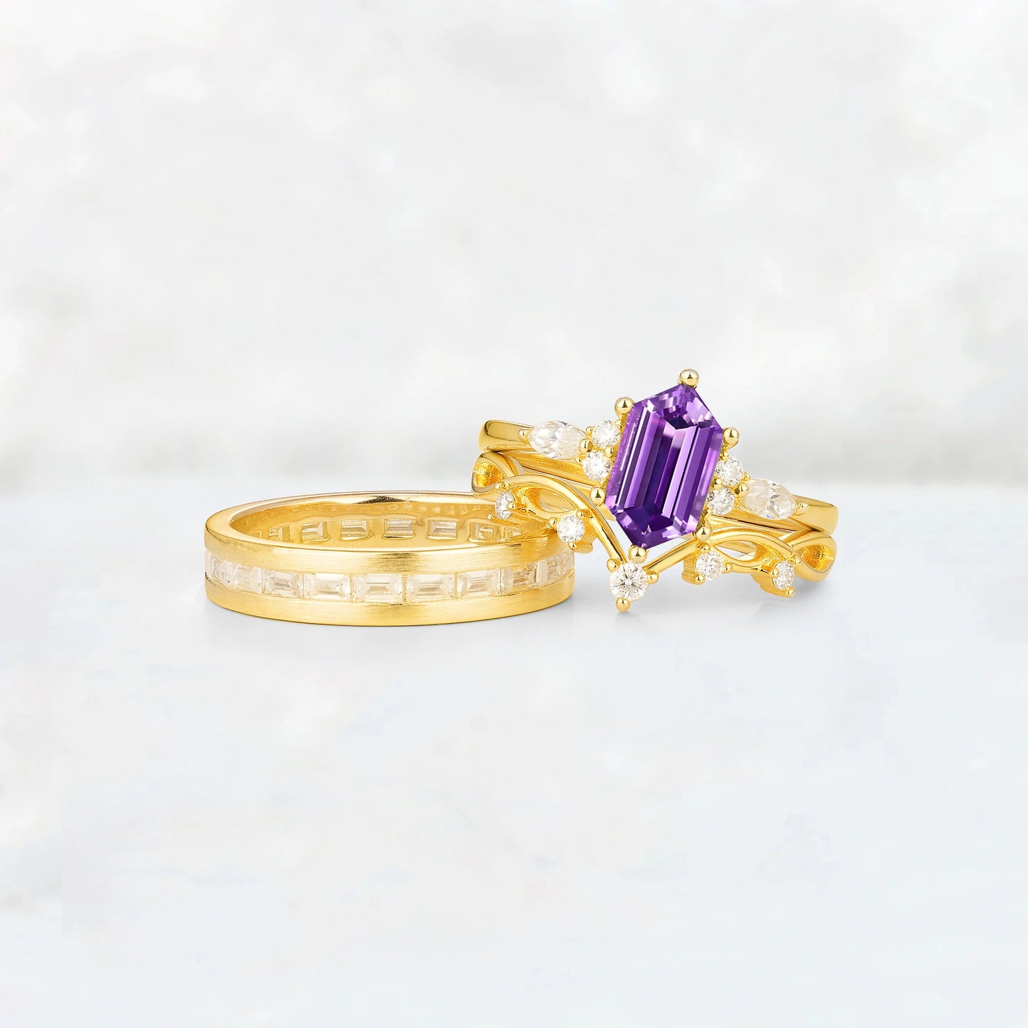 Elongated Hexagon Amethyst Vine & Baguette His and Hers Couple Ring