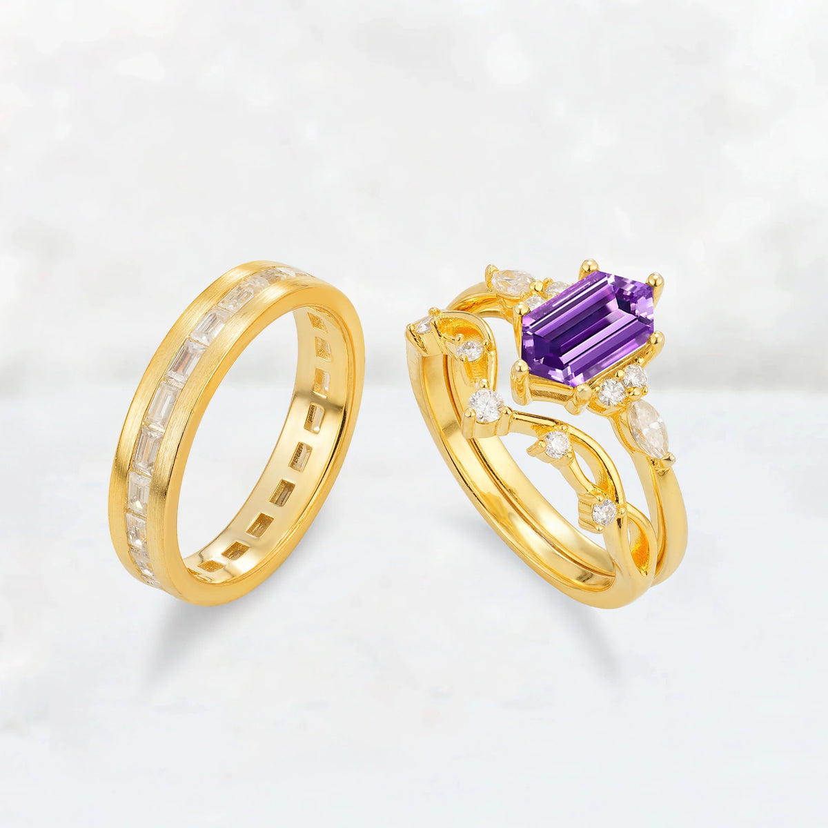 Elongated Hexagon Amethyst Vine & Baguette His and Hers Couple Ring