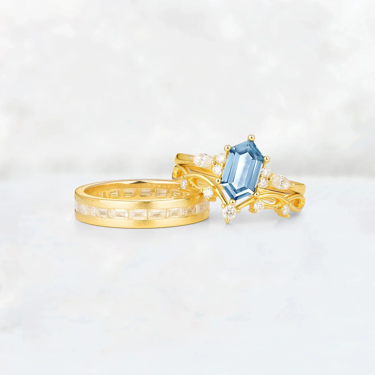 Elongated Hexagon Aquamarine Vine & Baguette His and Hers Couple Ring