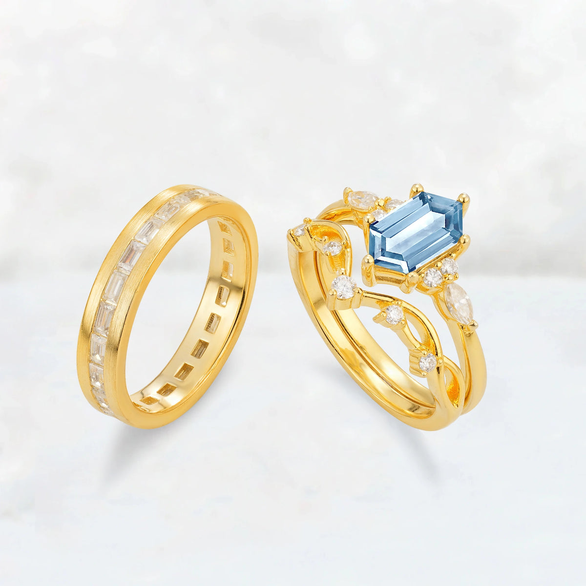 Elongated Hexagon Aquamarine Vine & Baguette His and Hers Couple Ring