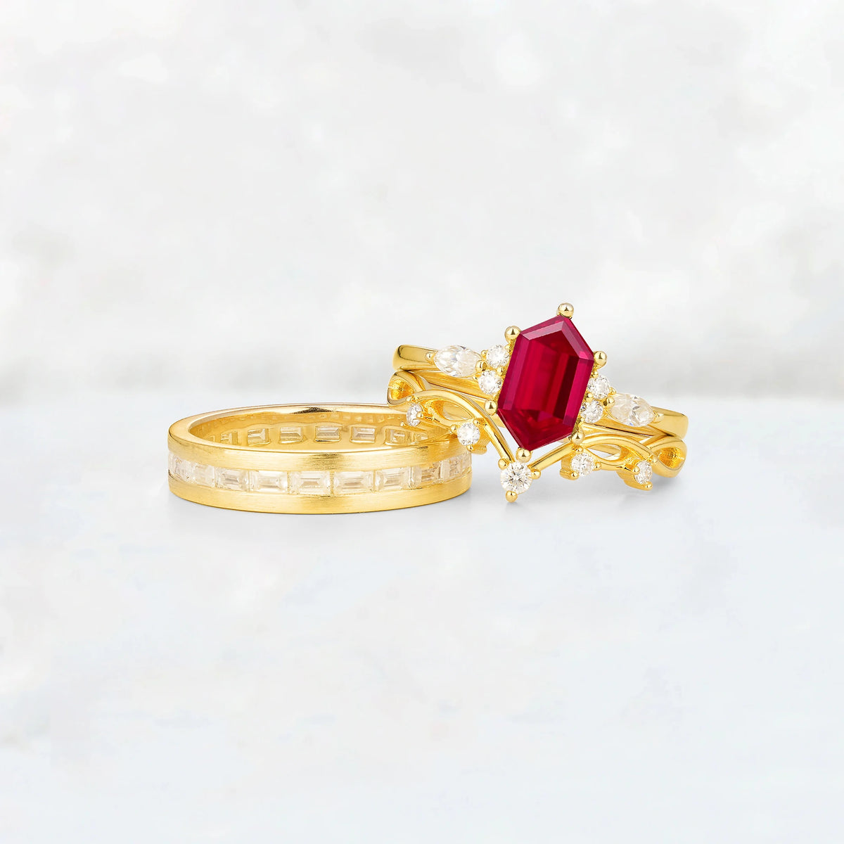 Elongated Hexagon Ruby Vine & Baguette His and Hers Couple Ring
