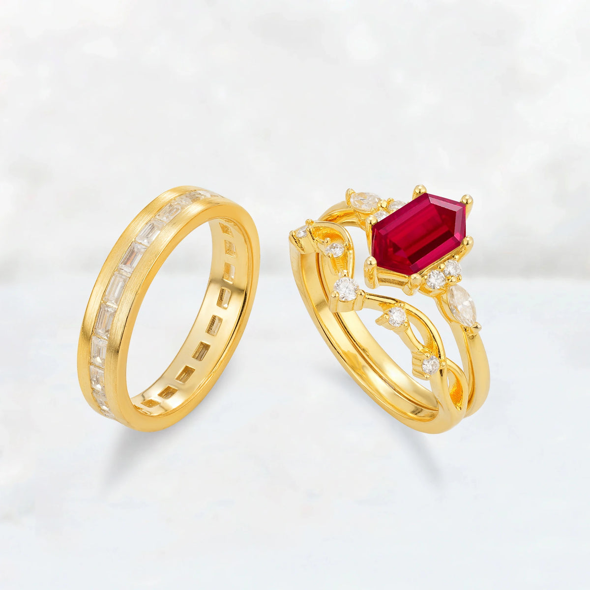 Elongated Hexagon Ruby Vine & Baguette His and Hers Couple Ring