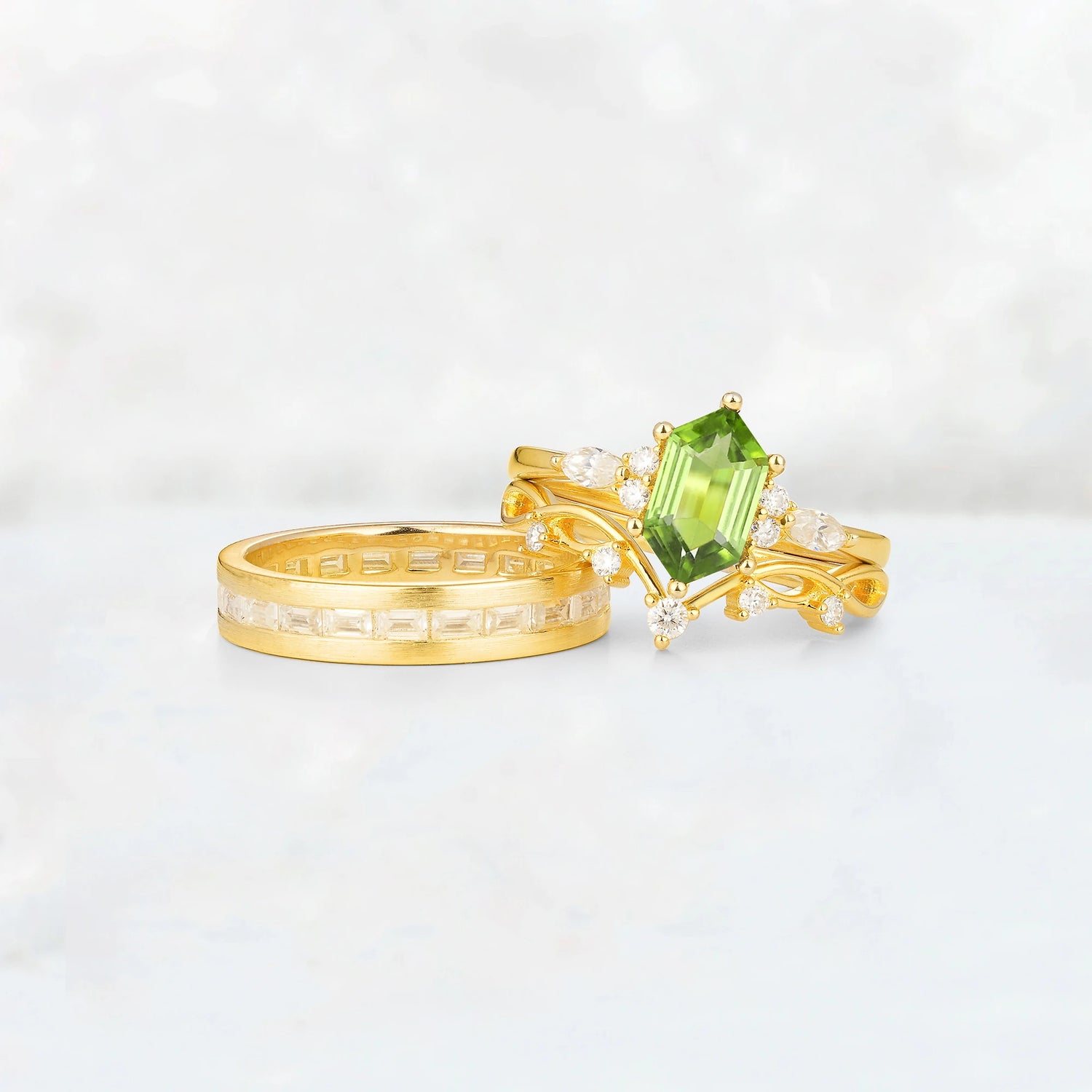 Elongated Hexagon Peridot Vine & Baguette His and Hers Couple Ring