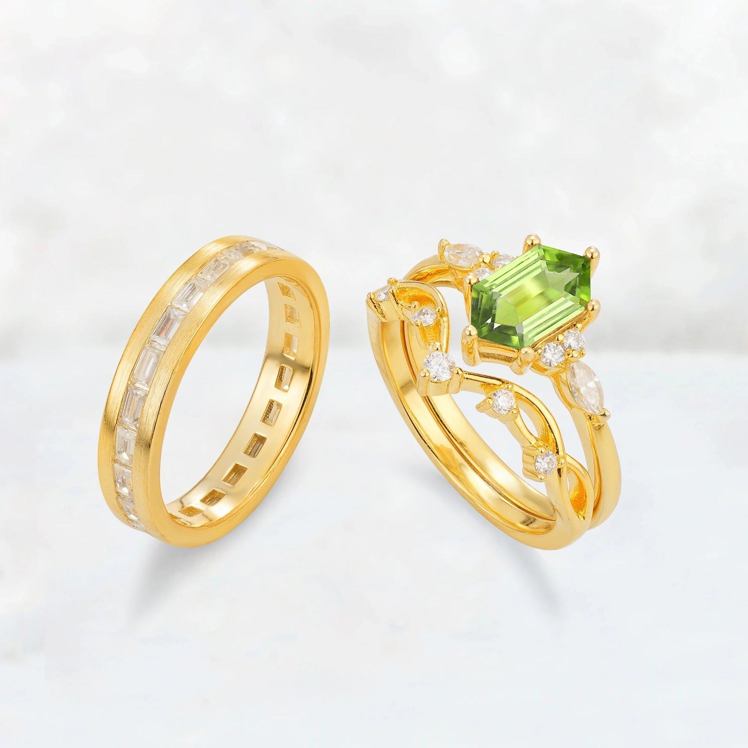 Elongated Hexagon Peridot Vine & Baguette His and Hers Couple Ring