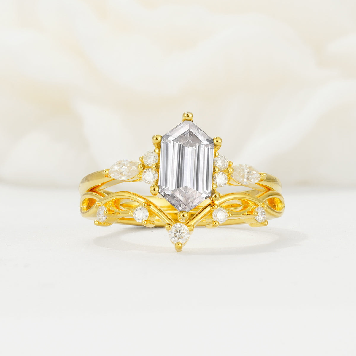 Elegant Long Hexagonal Cut Twisted Vine Moissanite Engagement Ring - Yellow-Gold