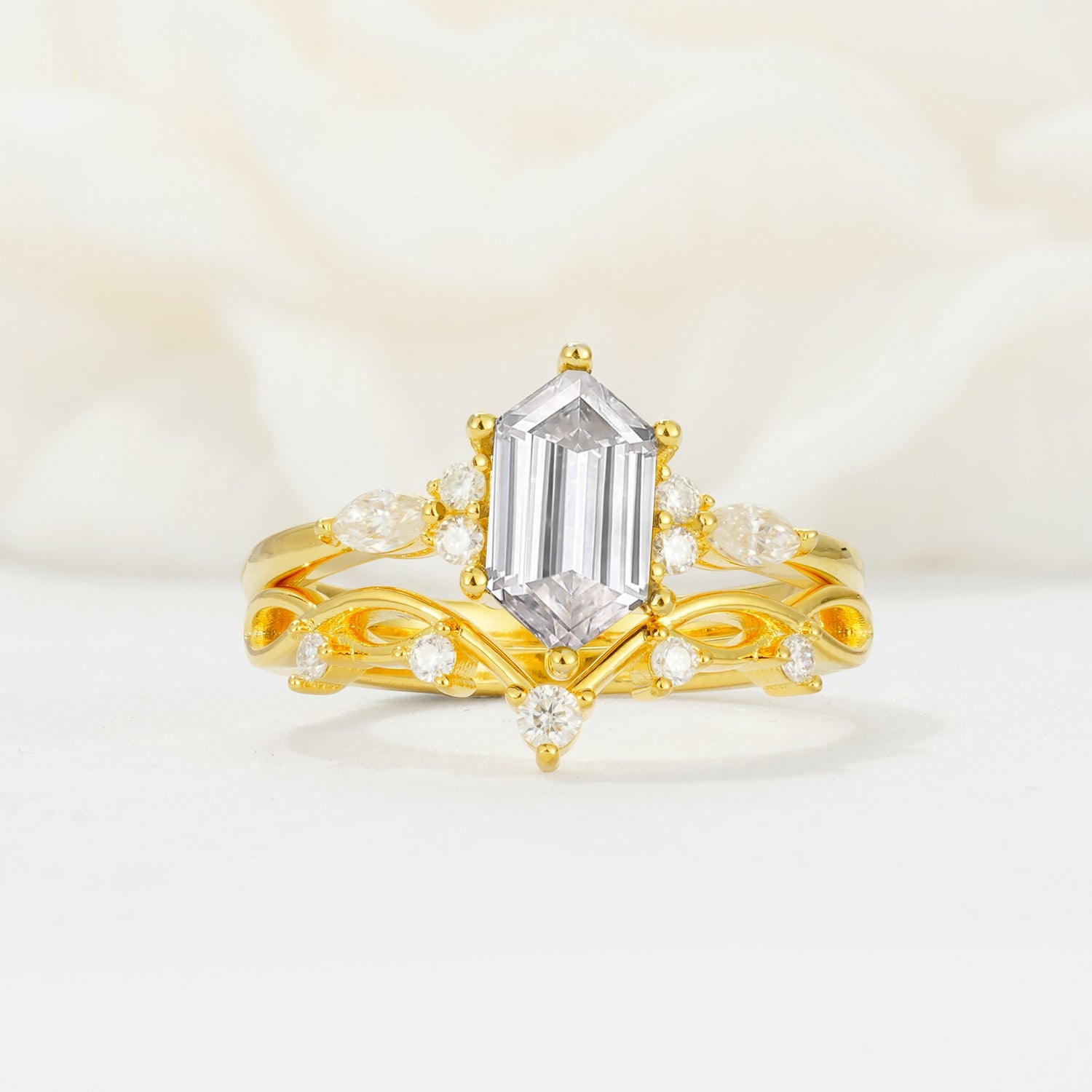 Elegant Long Hexagonal Cut Twisted Vine Moissanite Engagement Ring - Yellow-Gold