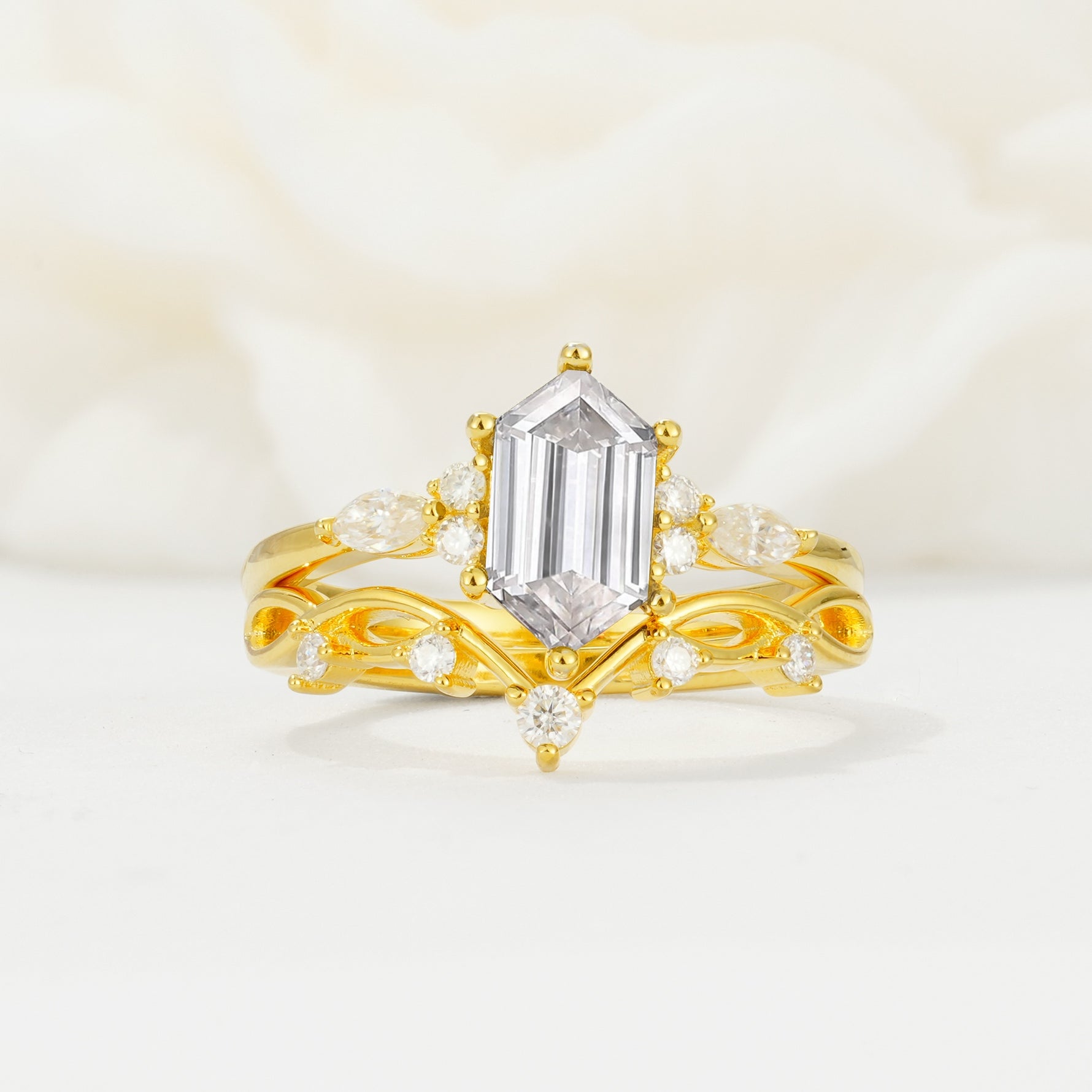 Elegant Long Hexagonal Cut Twisted Vine Moissanite Engagement Ring - Yellow-Gold