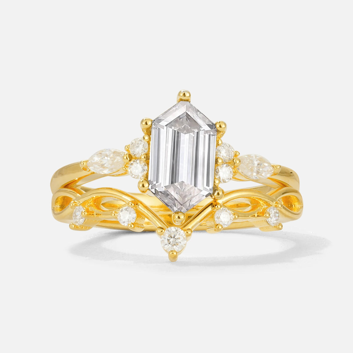 Elegant Long Hexagonal Cut Twisted Vine Moissanite Engagement Ring - Yellow-Gold