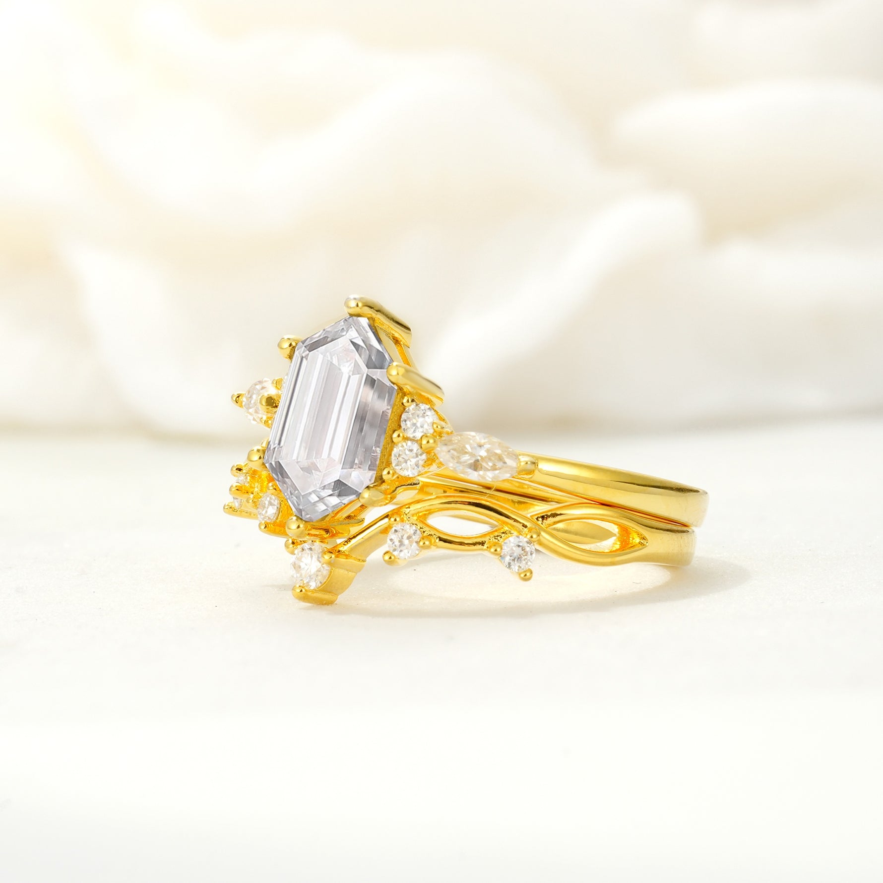 Elegant Long Hexagonal Cut Twisted Vine Moissanite Engagement Ring - Rose-Gold