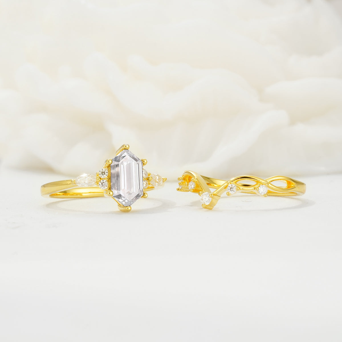 Elegant Long Hexagonal Cut Twisted Vine Moissanite Engagement Ring - White-Gold
